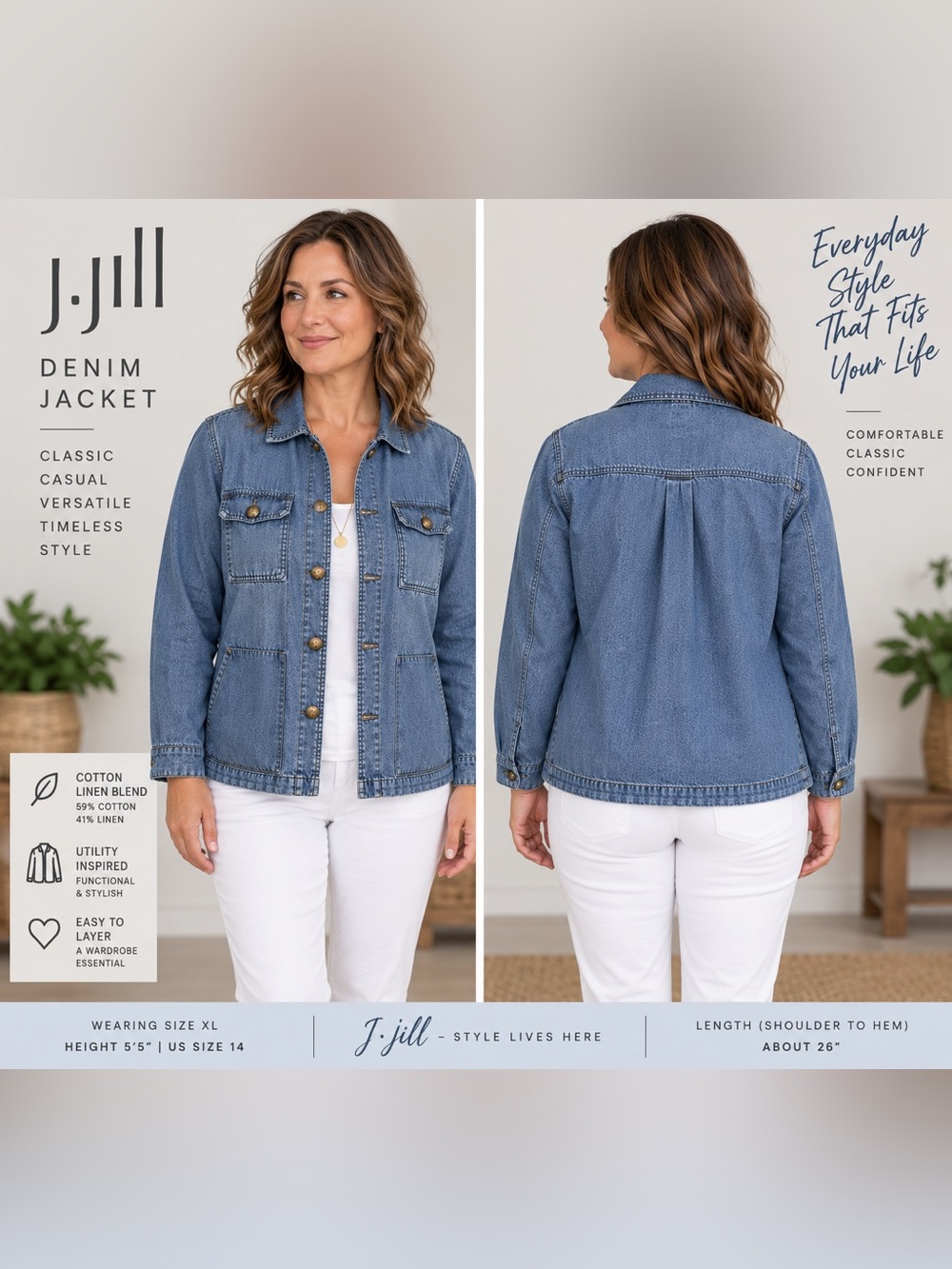 J. Jill Denim Chore Jacket Women XL Blue Cotton Linen Utility Shacket